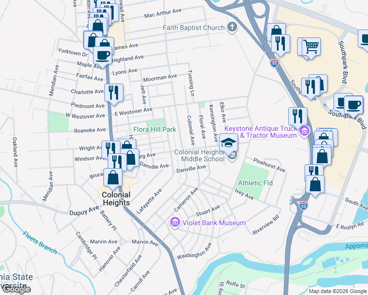 map of restaurants, bars, coffee shops, grocery stores, and more near 715 Hamilton Avenue in Colonial Heights