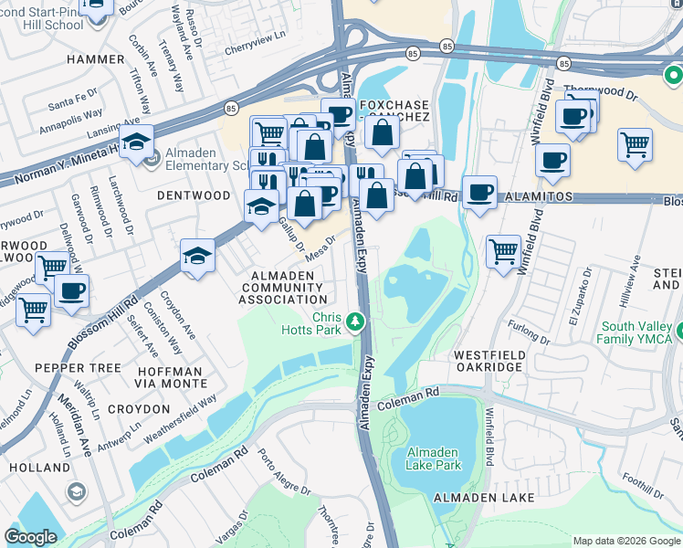 map of restaurants, bars, coffee shops, grocery stores, and more near 5702 Tucson Drive in San Jose