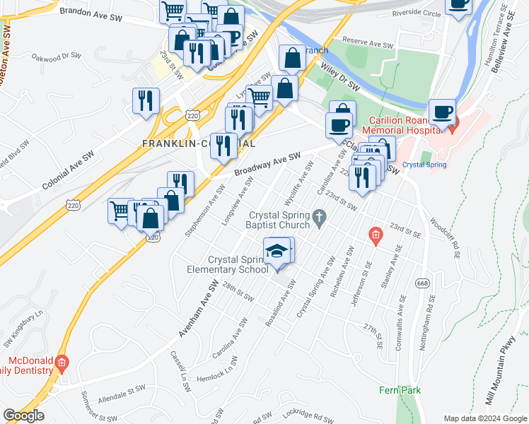 map of restaurants, bars, coffee shops, grocery stores, and more near 515 25th Street Southwest in Roanoke
