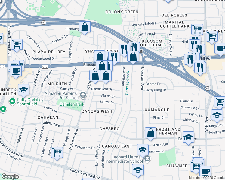 map of restaurants, bars, coffee shops, grocery stores, and more near 5723 Saxony Court in San Jose