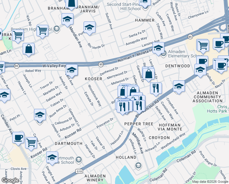 map of restaurants, bars, coffee shops, grocery stores, and more near 1437 Sprucewood Drive in San Jose