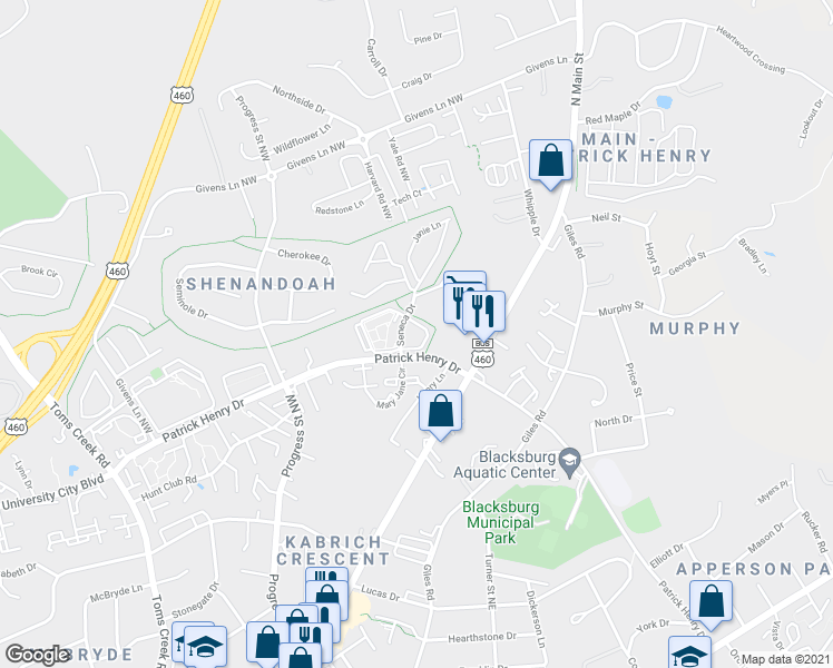 map of restaurants, bars, coffee shops, grocery stores, and more near 1440 Seneca Drive in Blacksburg