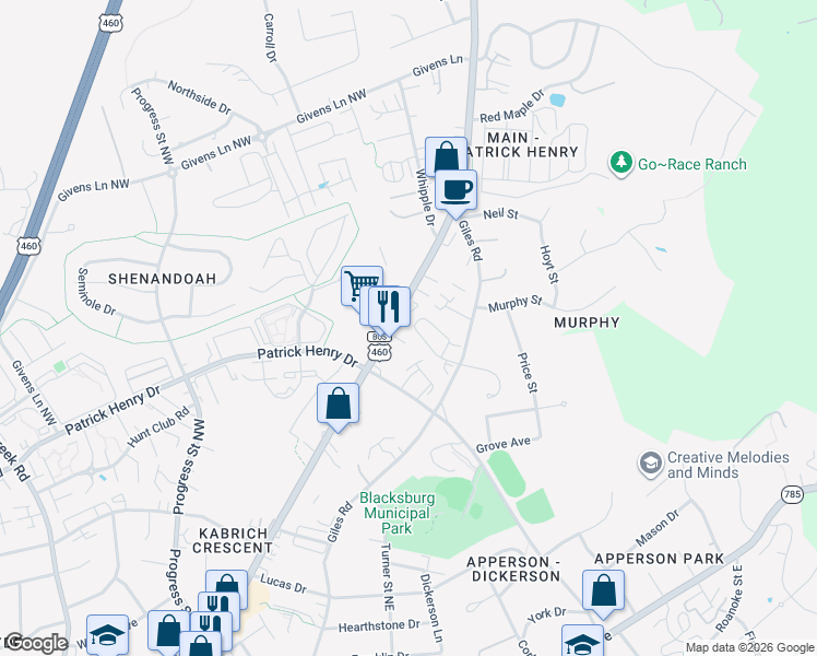 map of restaurants, bars, coffee shops, grocery stores, and more near 1448-1500 N Main St in Blacksburg