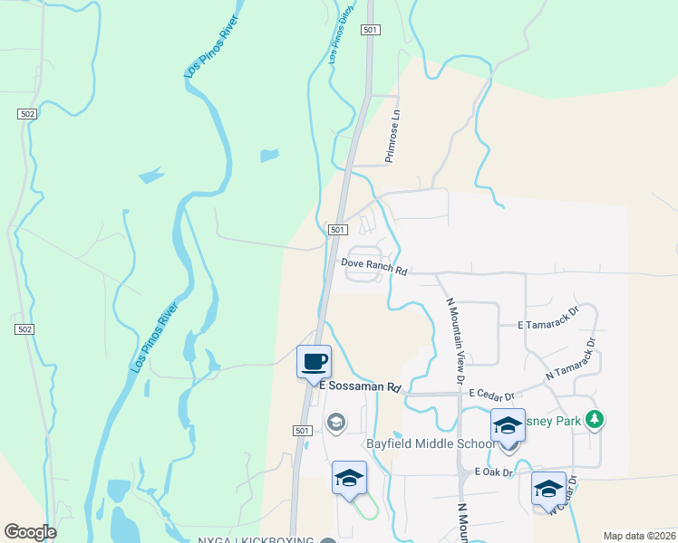 map of restaurants, bars, coffee shops, grocery stores, and more near 1602 South Taylor Circle in Bayfield