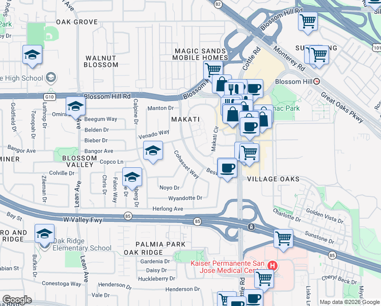 map of restaurants, bars, coffee shops, grocery stores, and more near Beswick Drive in San Jose