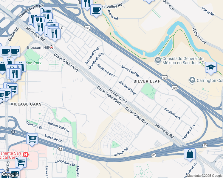 map of restaurants, bars, coffee shops, grocery stores, and more near Monterey Rd & Flintwell Way in San Jose