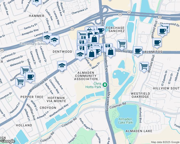 map of restaurants, bars, coffee shops, grocery stores, and more near 1171 Mesa Drive in San Jose