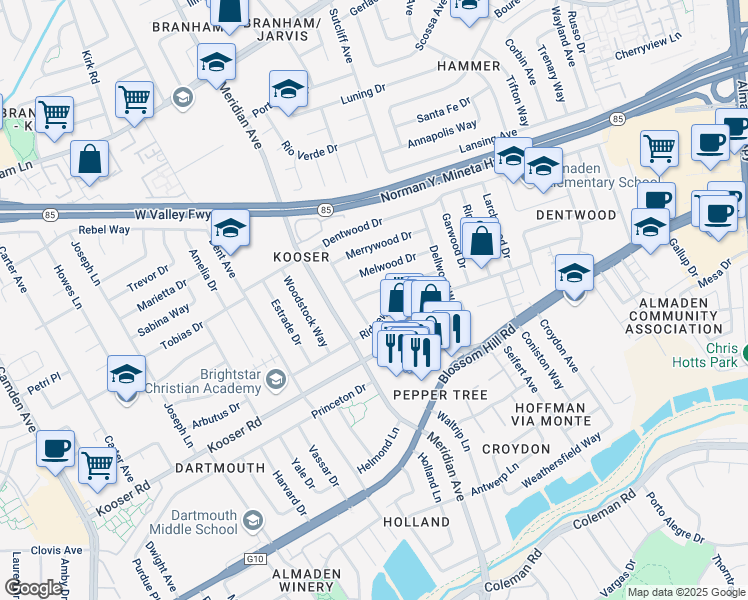map of restaurants, bars, coffee shops, grocery stores, and more near 1438 Sprucewood Drive in San Jose