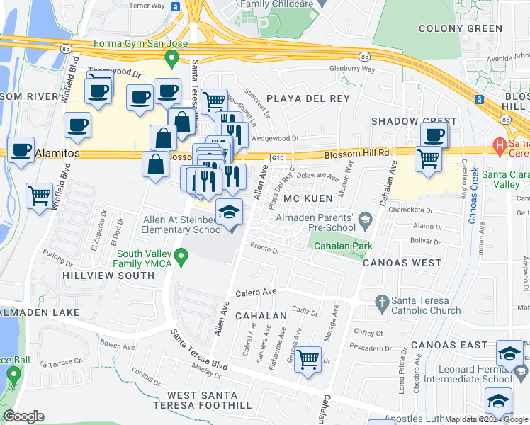 map of restaurants, bars, coffee shops, grocery stores, and more near 5703 Playa Del Rey in San Jose