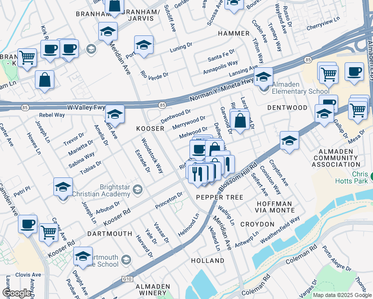 map of restaurants, bars, coffee shops, grocery stores, and more near 1438 Sprucewood Drive in San Jose