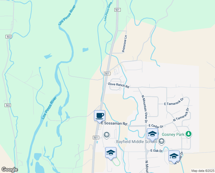 map of restaurants, bars, coffee shops, grocery stores, and more near 1602 South Taylor Circle in Bayfield