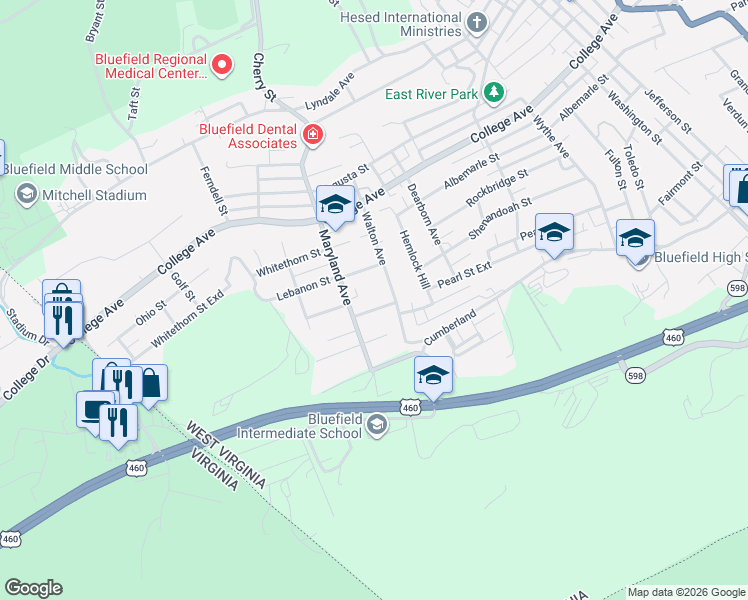 map of restaurants, bars, coffee shops, grocery stores, and more near 1231 Lebanon Street in Bluefield