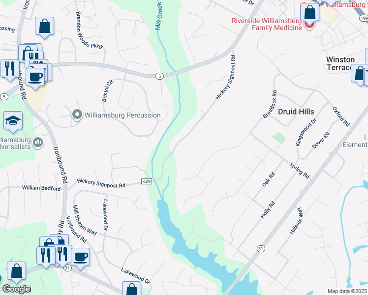 map of restaurants, bars, coffee shops, grocery stores, and more near 4863 Hickory Signpost Road in Williamsburg