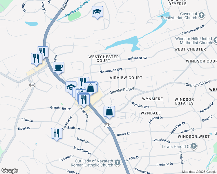 map of restaurants, bars, coffee shops, grocery stores, and more near 4719 Wembley Place Southwest in Roanoke