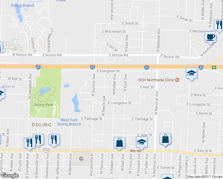 map of restaurants, bars, coffee shops, grocery stores, and more near 2755 North Kellett Avenue in Springfield