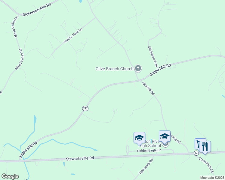 map of restaurants, bars, coffee shops, grocery stores, and more near 6260 Joppa Mill Road in Moneta