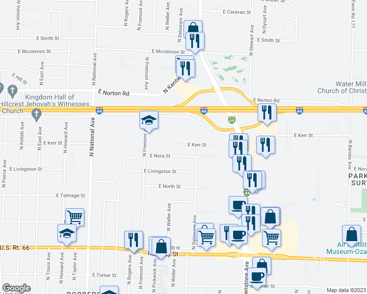 map of restaurants, bars, coffee shops, grocery stores, and more near 1530 East Kerr Street in Springfield