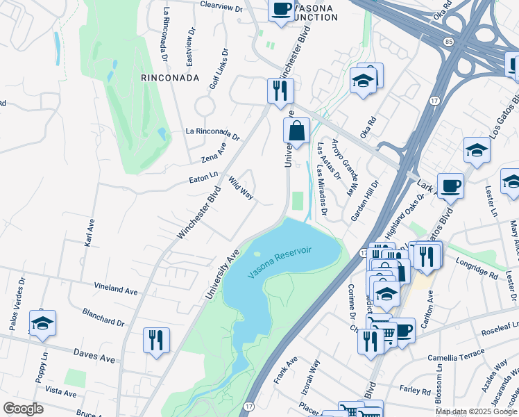 map of restaurants, bars, coffee shops, grocery stores, and more near 17050 Wild Way in Los Gatos