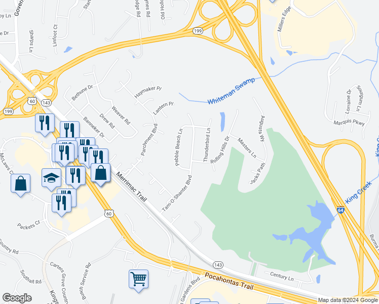 map of restaurants, bars, coffee shops, grocery stores, and more near 604 Tam-O-Shanter Boulevard in Williamsburg
