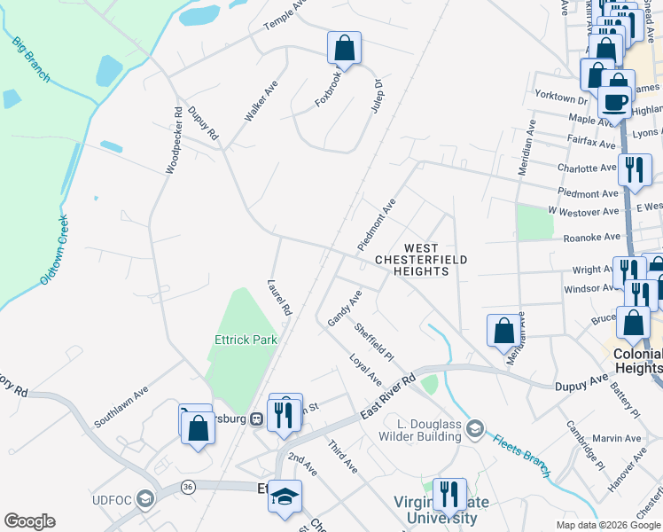 map of restaurants, bars, coffee shops, grocery stores, and more near 20012 Loyal Avenue in Petersburg