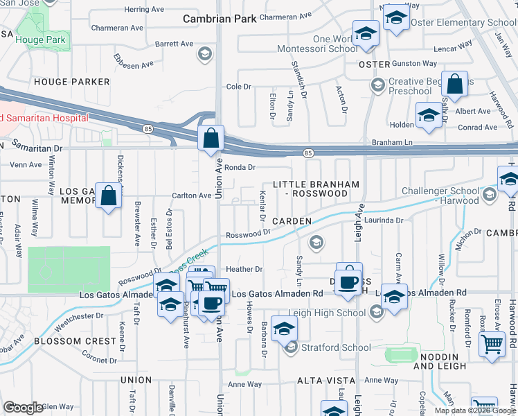 map of restaurants, bars, coffee shops, grocery stores, and more near 1965 Heimgartner Lane in San Jose
