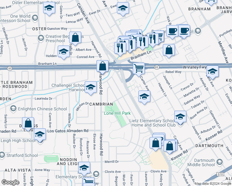 map of restaurants, bars, coffee shops, grocery stores, and more near 4964 Rafton Drive in San Jose