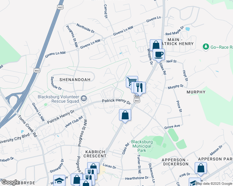 map of restaurants, bars, coffee shops, grocery stores, and more near 1470 Seneca Drive in Blacksburg