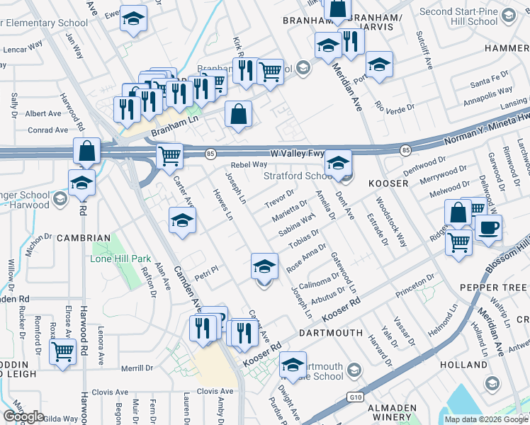 map of restaurants, bars, coffee shops, grocery stores, and more near 1582 Trevor Drive in San Jose