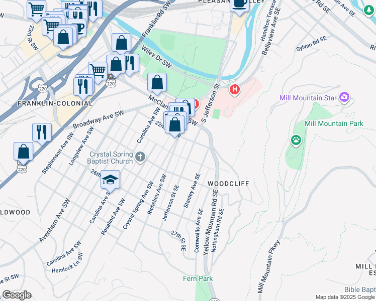 map of restaurants, bars, coffee shops, grocery stores, and more near 2201 Jefferson Street Southwest in Roanoke