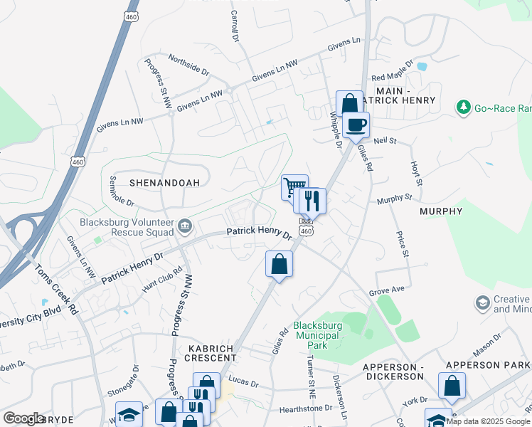 map of restaurants, bars, coffee shops, grocery stores, and more near 1440 Seneca Drive in Blacksburg