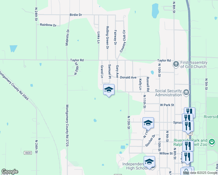 map of restaurants, bars, coffee shops, grocery stores, and more near Donald Avenue in Independence