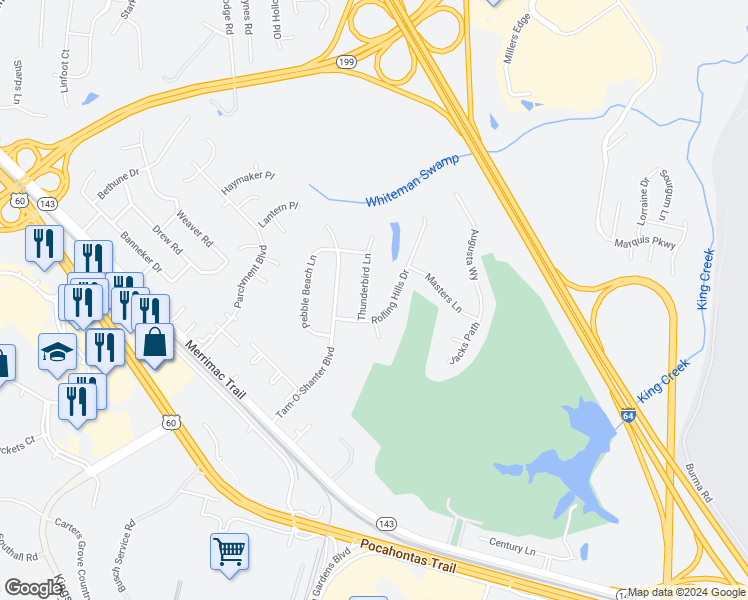 map of restaurants, bars, coffee shops, grocery stores, and more near 102 Thunderbird Lane in Williamsburg