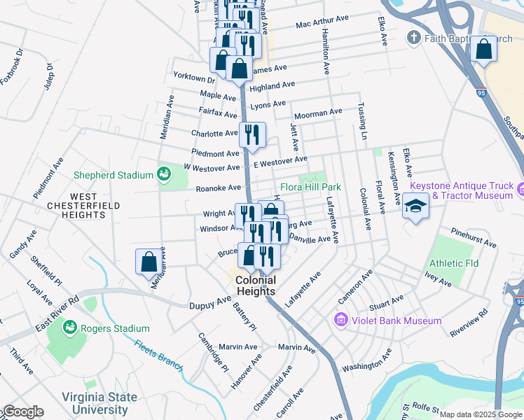 map of restaurants, bars, coffee shops, grocery stores, and more near 108 Suffolk Avenue in Colonial Heights