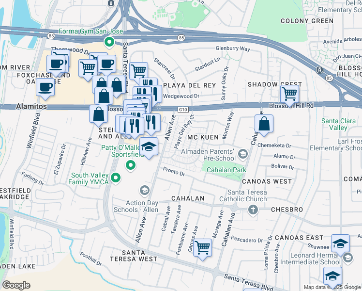 map of restaurants, bars, coffee shops, grocery stores, and more near 5684 Playa Del Rey in San Jose