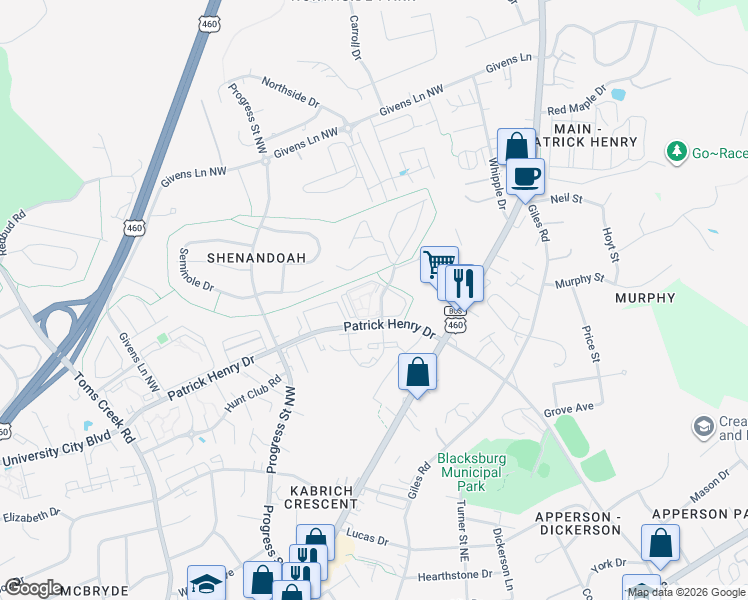 map of restaurants, bars, coffee shops, grocery stores, and more near 1421 Seneca Drive in Blacksburg