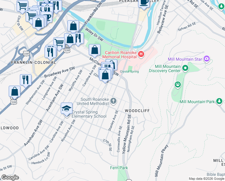 map of restaurants, bars, coffee shops, grocery stores, and more near 2201 Jefferson Street Southwest in Roanoke