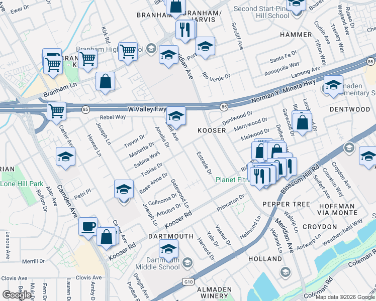 map of restaurants, bars, coffee shops, grocery stores, and more near 5258 Estrade Drive in San Jose