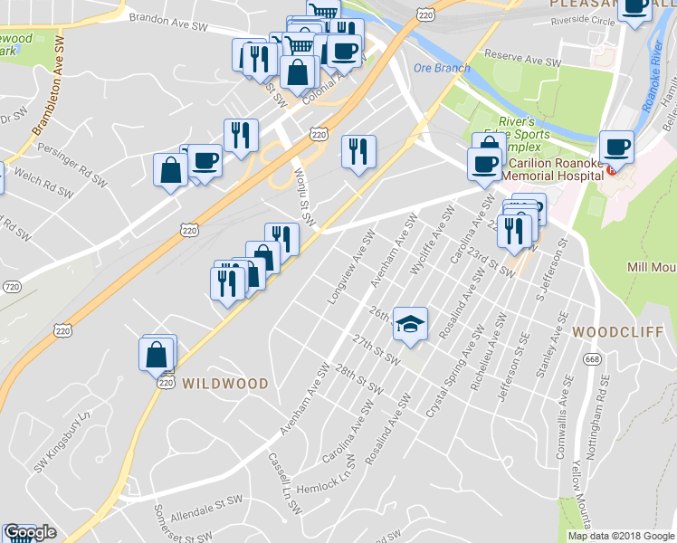 map of restaurants, bars, coffee shops, grocery stores, and more near 2517 Longview Avenue Southwest in Roanoke