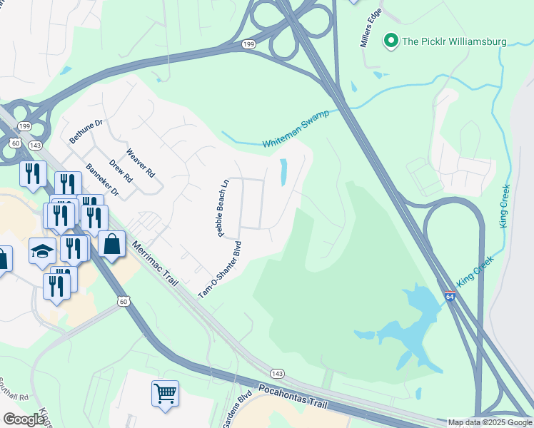 map of restaurants, bars, coffee shops, grocery stores, and more near 102 Thunderbird Lane in Williamsburg