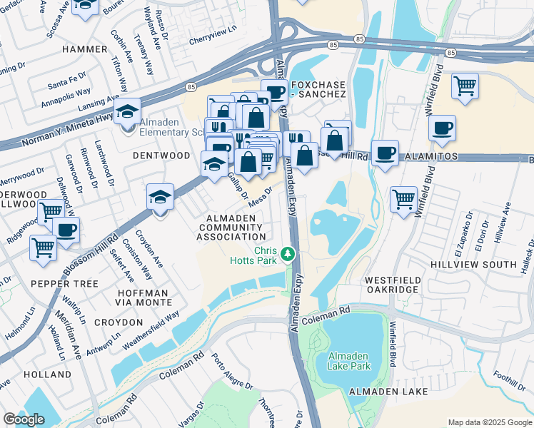 map of restaurants, bars, coffee shops, grocery stores, and more near 5683 Tucson Drive in San Jose
