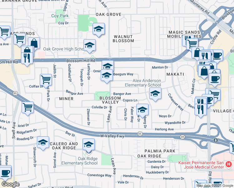 map of restaurants, bars, coffee shops, grocery stores, and more near 283 Bangor Ave in San Jose