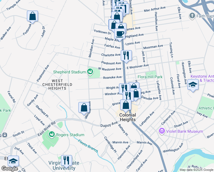 map of restaurants, bars, coffee shops, grocery stores, and more near 166 Wright Avenue in Colonial Heights