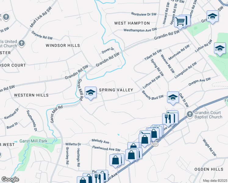 map of restaurants, bars, coffee shops, grocery stores, and more near 3104 Hillandale Drive in Roanoke
