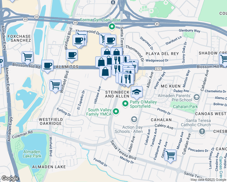 map of restaurants, bars, coffee shops, grocery stores, and more near 861 Summerbrook Lane in San Jose