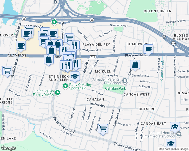 map of restaurants, bars, coffee shops, grocery stores, and more near 779 Warring Drive in San Jose