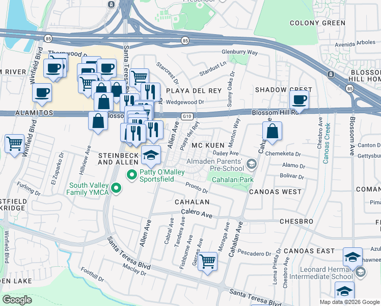 map of restaurants, bars, coffee shops, grocery stores, and more near 779 Warring Drive in San Jose