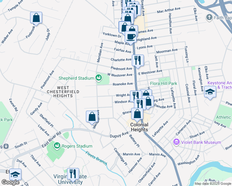 map of restaurants, bars, coffee shops, grocery stores, and more near 166 Wright Avenue in Colonial Heights