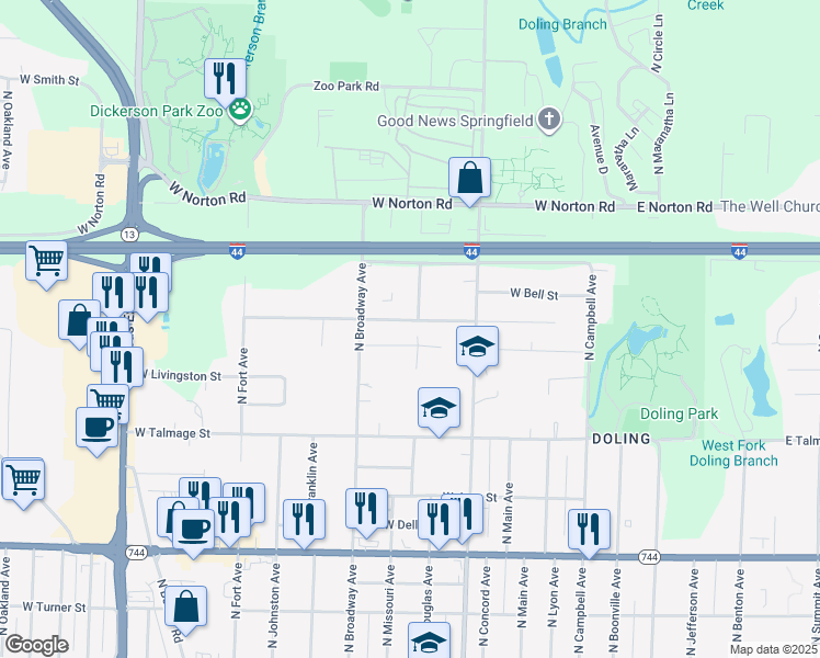 map of restaurants, bars, coffee shops, grocery stores, and more near 910-918 West Kerr Street in Springfield