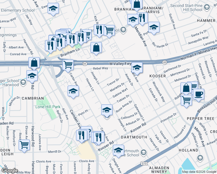 map of restaurants, bars, coffee shops, grocery stores, and more near 1582 Trevor Drive in San Jose