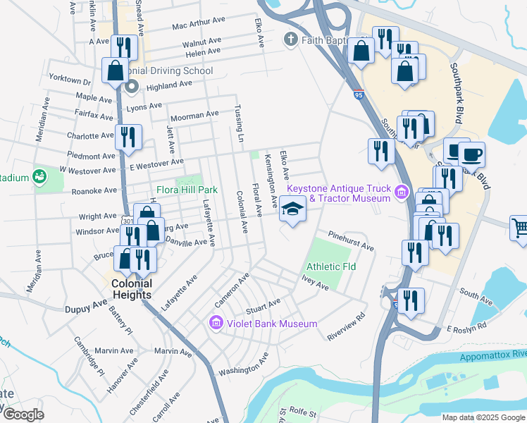 map of restaurants, bars, coffee shops, grocery stores, and more near 720 Lynchburg Avenue in Colonial Heights